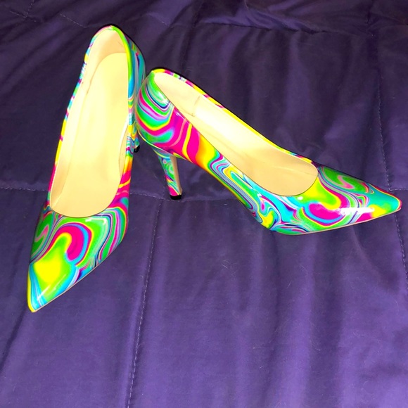 None Shoes - Rainbow paint swirl Barbiecore/Barbie Core high heels